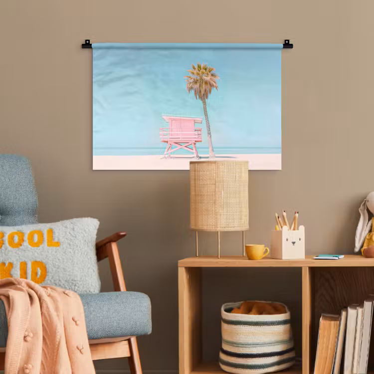 Palmboom - Strandhuis - Roze Wandkleed katoen klein -wsfeer4_kind