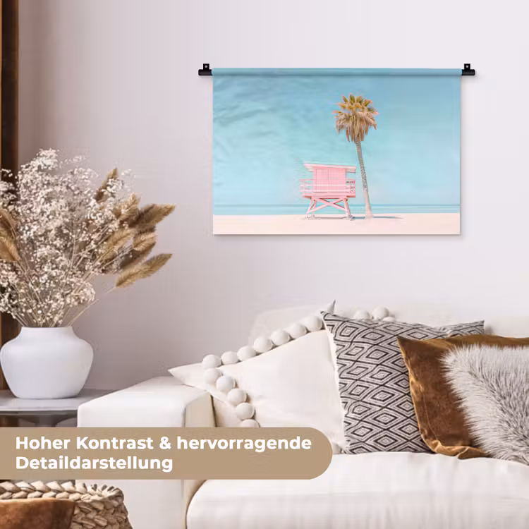 Palmboom - Strandhuis - Roze Wandkleed katoen klein -tsfeer1_DE