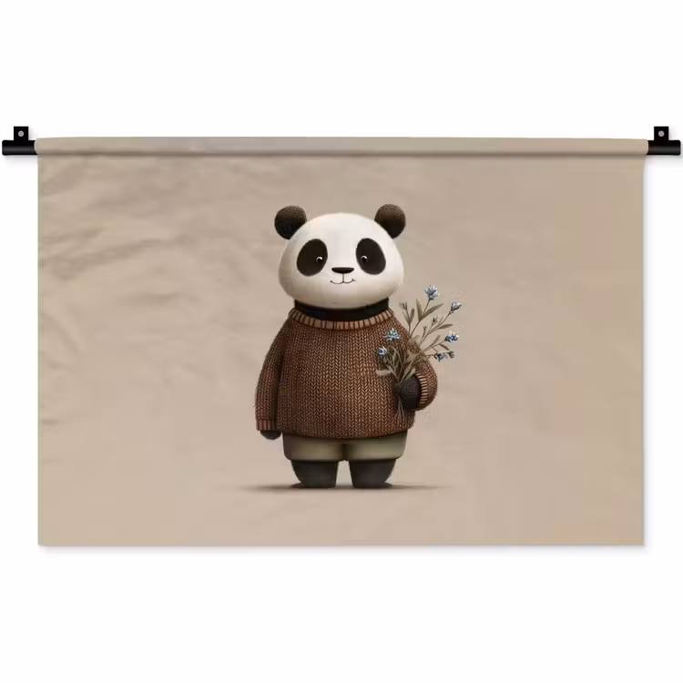 Panda - Blauwe bloemen - Zachtheid Wandkleed katoen klein -zz3d