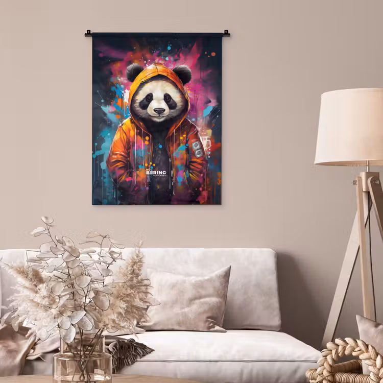 Panda met oranje jas en verfspetters Wandkleed katoen klein -sfeer4
