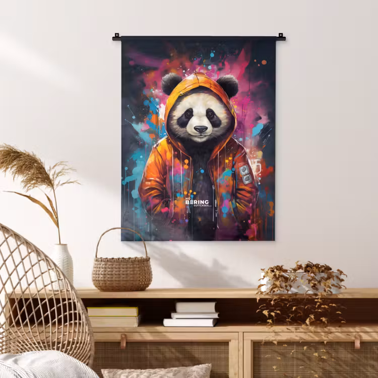 Panda met oranje jas en verfspetters Wandkleed katoen klein -sfeer5