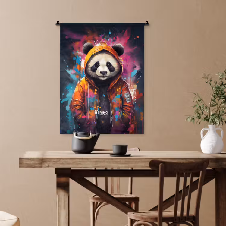 Panda met oranje jas en verfspetters Wandkleed katoen klein -sfeer6