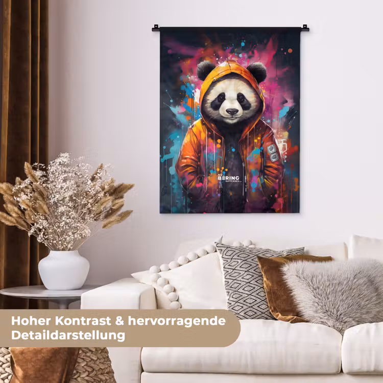 Panda met oranje jas en verfspetters Wandkleed katoen klein -tsfeer1_DE