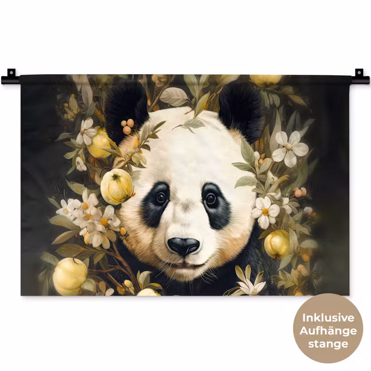 Panda - Pandabeer - Wilde dieren - Natuur - Bloemen Wandkleed katoen klein -t3d_DE