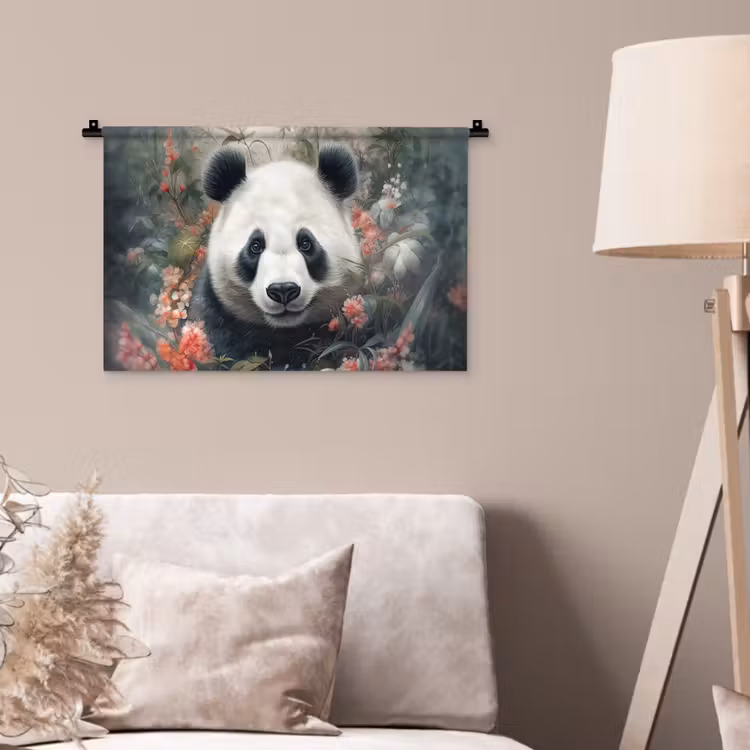 Panda - Wilde dieren - Bloemen - Natuur Wandkleed katoen klein -sfeer4
