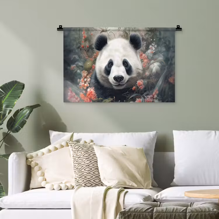 Panda - Wilde dieren - Bloemen - Natuur Wandkleed katoen klein -sfeer7