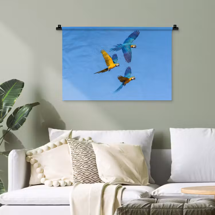 Papagaai - Vliegen - Blauw - Geel Wandkleed katoen klein -sfeer7