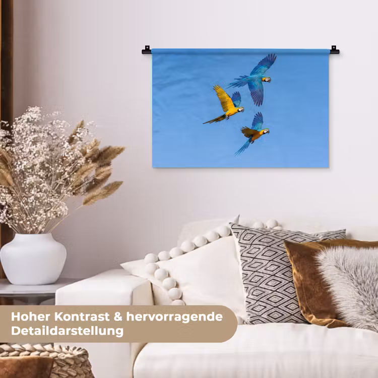 Papagaai - Vliegen - Blauw - Geel Wandkleed katoen klein -tsfeer1_DE