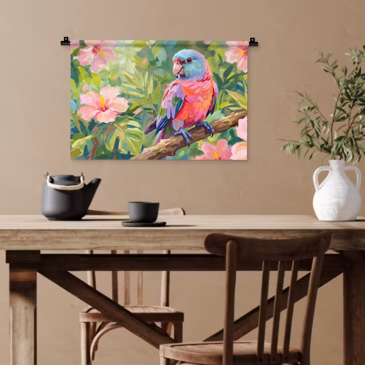 Papagaai - Hibiscusbloemen - Kleurrijk Wandkleed katoen klein -sfeer6