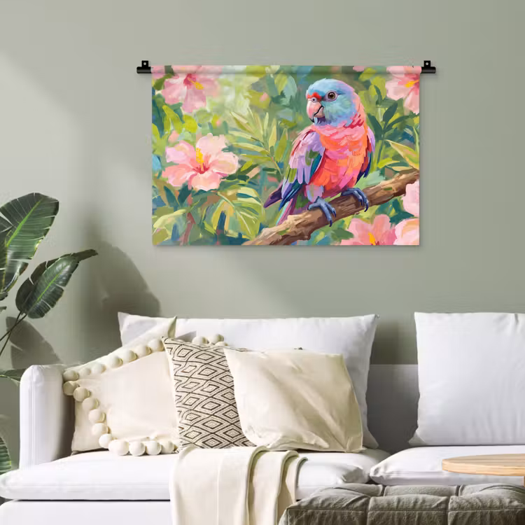 Papagaai - Hibiscusbloemen - Kleurrijk Wandkleed katoen klein -sfeer7