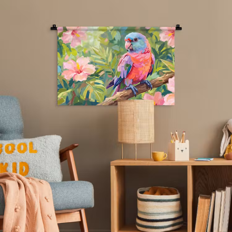 Papagaai - Hibiscusbloemen - Kleurrijk Wandkleed katoen klein -wsfeer4_kind
