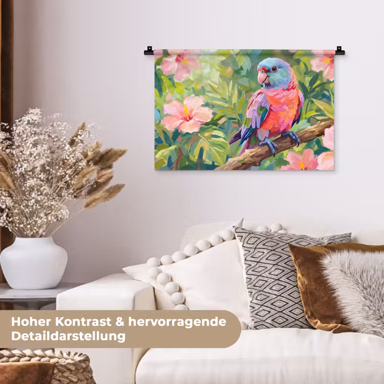 Papagaai - Hibiscusbloemen - Kleurrijk Wandkleed katoen klein -tsfeer1_DE