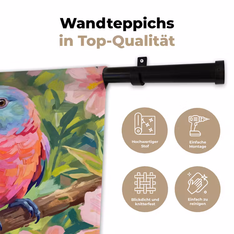 Papagaai - Hibiscusbloemen - Kleurrijk Wandkleed katoen klein -tsfeer2_DE