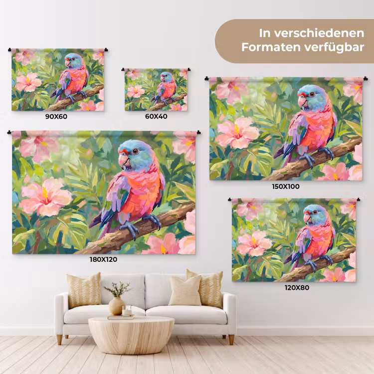 Papagaai - Hibiscusbloemen - Kleurrijk Wandkleed katoen klein -tsfeer8_DE