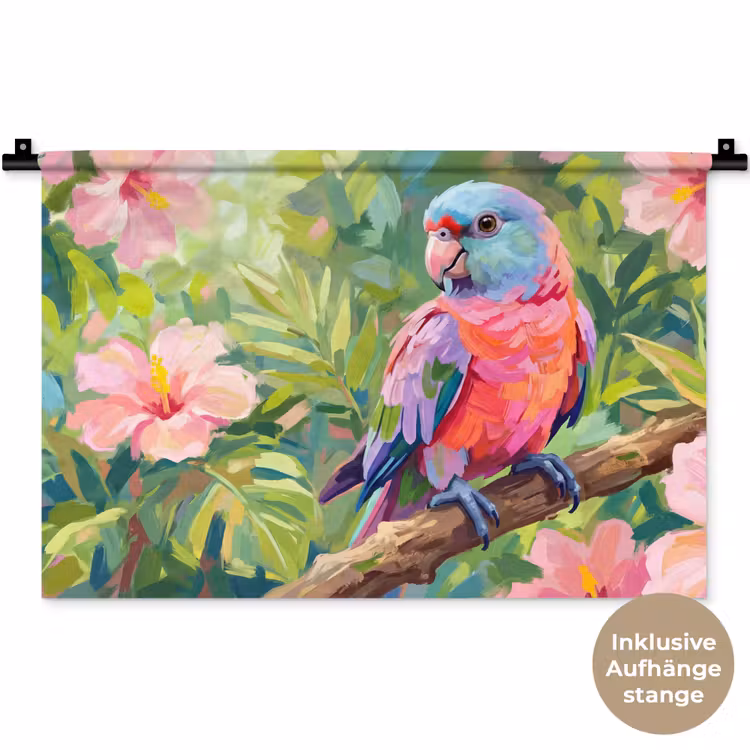 Papagaai - Hibiscusbloemen - Kleurrijk Wandkleed katoen klein -t3d_DE