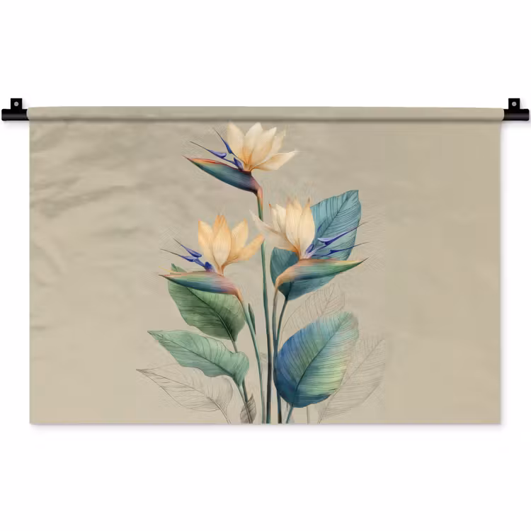 Paradijsvogelbloemen - Blauwgroene bladeren - Beige Wandkleed katoen klein -zz3d
