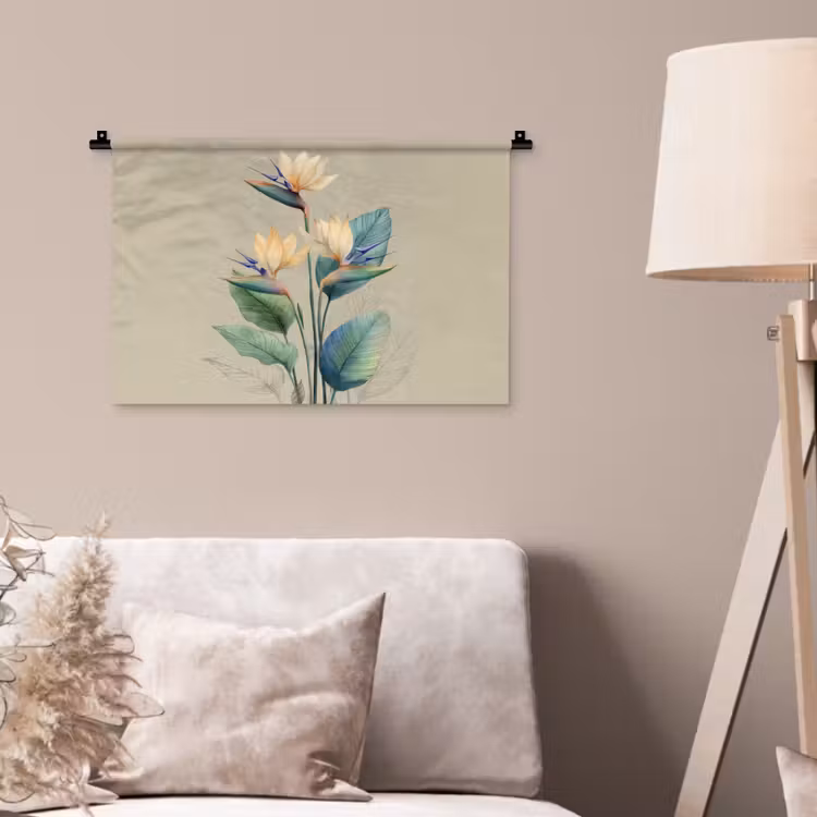 Paradijsvogelbloemen - Blauwgroene bladeren - Beige Wandkleed katoen klein -sfeer4