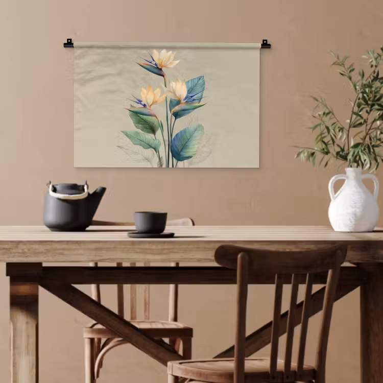 Paradijsvogelbloemen - Blauwgroene bladeren - Beige Wandkleed katoen klein -sfeer6