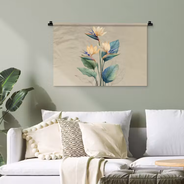 Paradijsvogelbloemen - Blauwgroene bladeren - Beige Wandkleed katoen klein -sfeer7