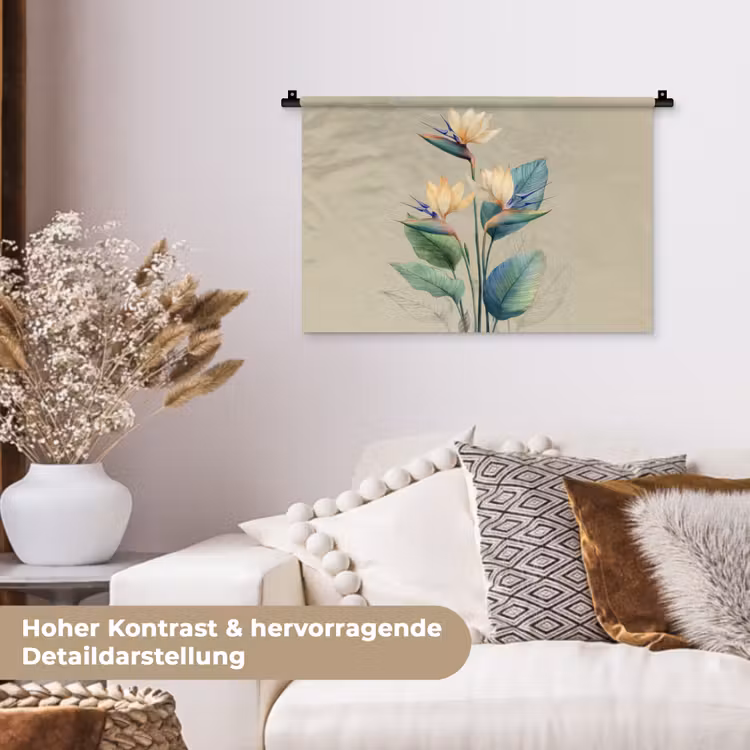 Paradijsvogelbloemen - Blauwgroene bladeren - Beige Wandkleed katoen klein -tsfeer1_DE