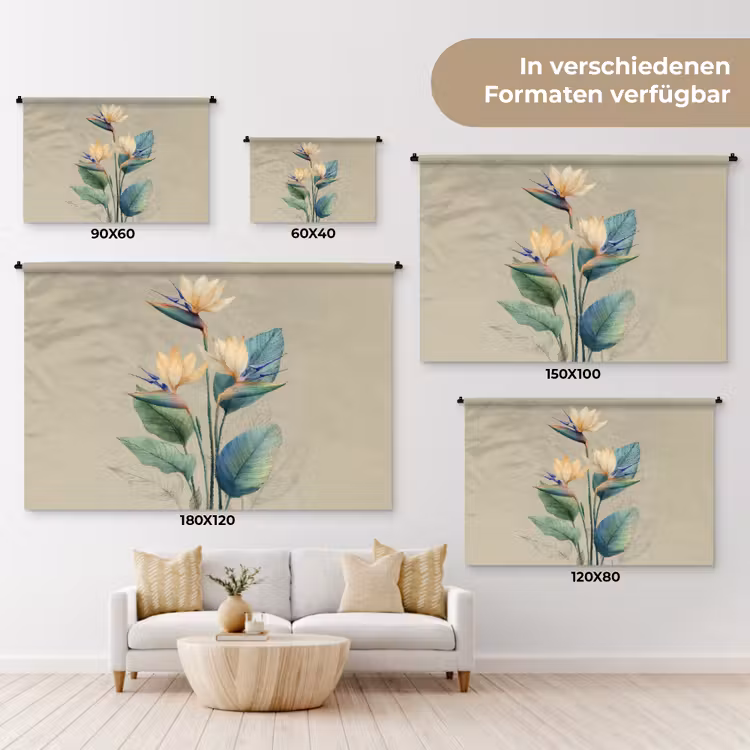 Paradijsvogelbloemen - Blauwgroene bladeren - Beige Wandkleed katoen klein -tsfeer8_DE