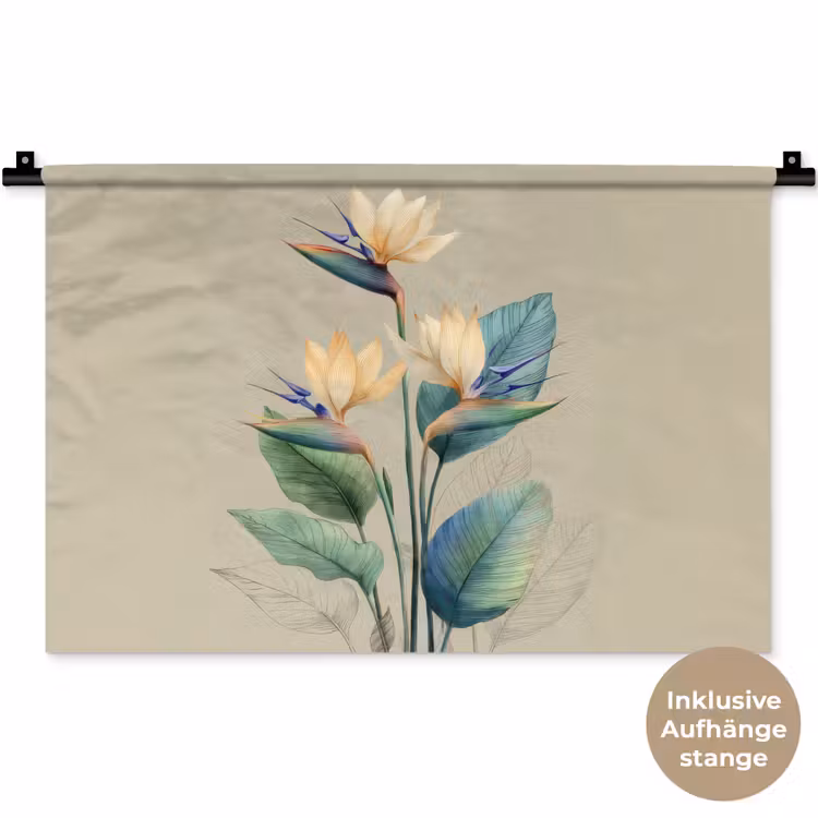 Paradijsvogelbloemen - Blauwgroene bladeren - Beige Wandkleed katoen klein -t3d_DE