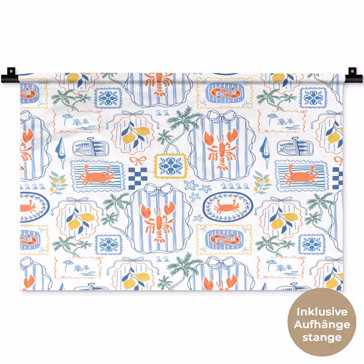 Zee - Sfeer - Krab - Blauw Wandkleed katoen klein 269 -t3d_DE