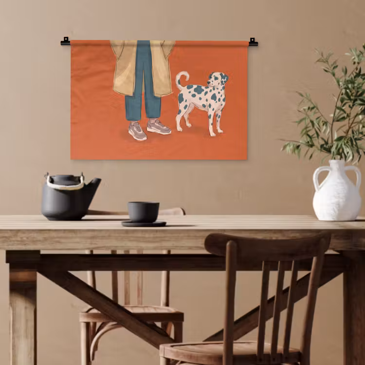 Persoon - Hond - Dieren - Illustratie - Modern Wandkleed katoen klein -sfeer6