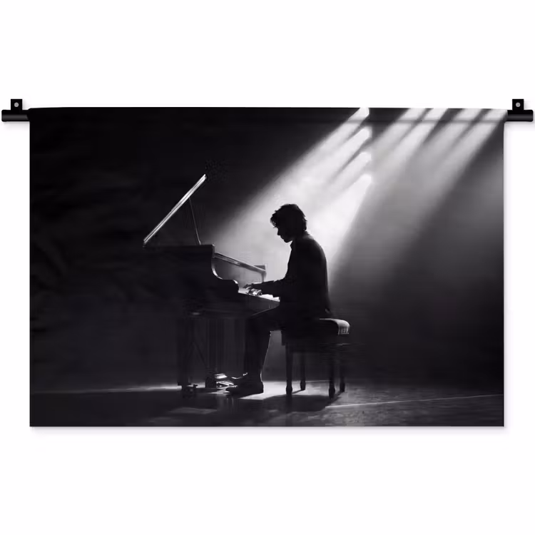 Persoon - Piano - Muziek - Zwart-wit - Podium Wandkleed katoen klein -zz3d