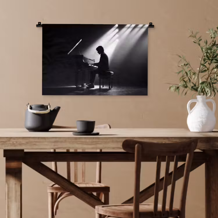 Persoon - Piano - Muziek - Zwart-wit - Podium Wandkleed katoen klein -sfeer6