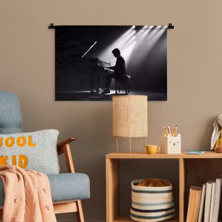 Persoon - Piano - Muziek - Zwart-wit - Podium Wandkleed katoen klein -wsfeer4_kind