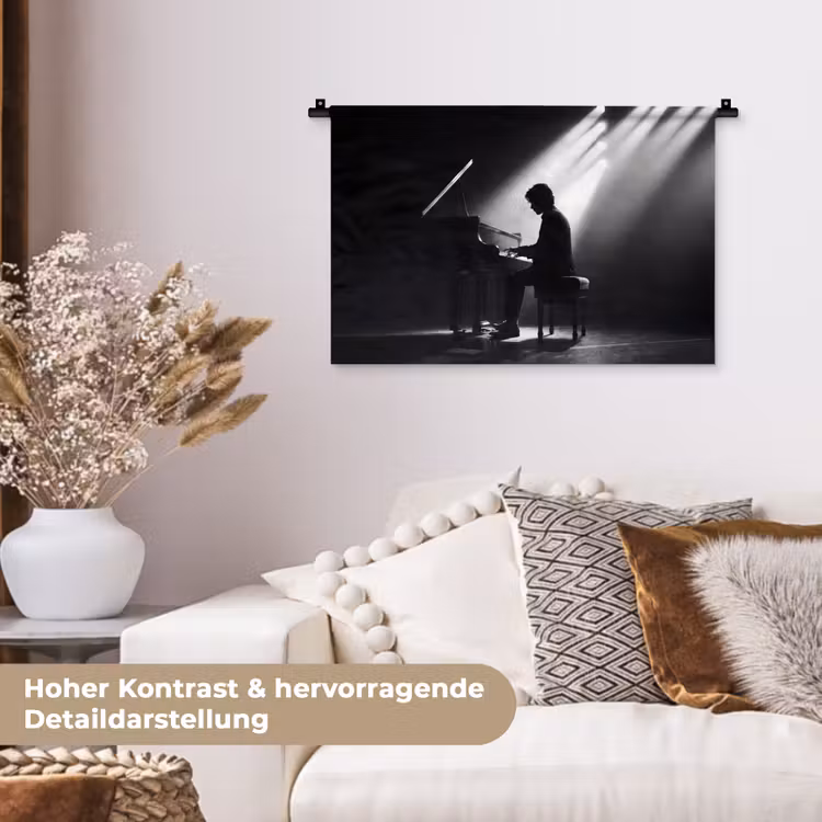 Persoon - Piano - Muziek - Zwart-wit - Podium Wandkleed katoen klein -tsfeer1_DE