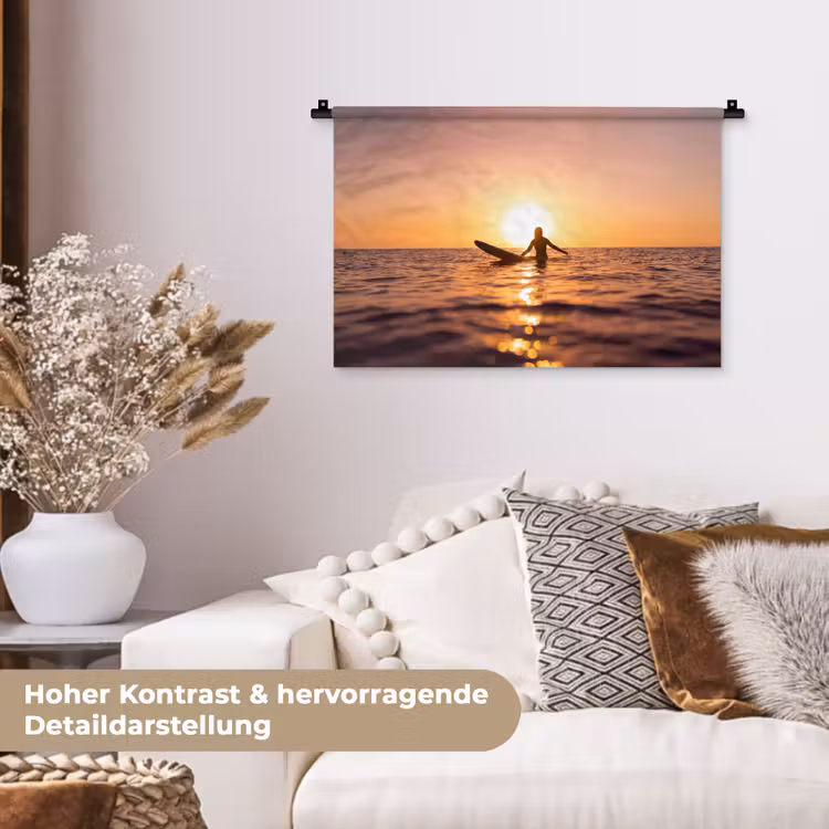 Persoon - Surfen - Zonsondergang - Zee - Oranje Wandkleed katoen klein -tsfeer1_DE