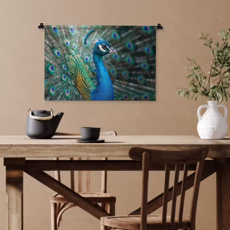Pauw - Veren - Blauw Wandkleed katoen klein -sfeer6