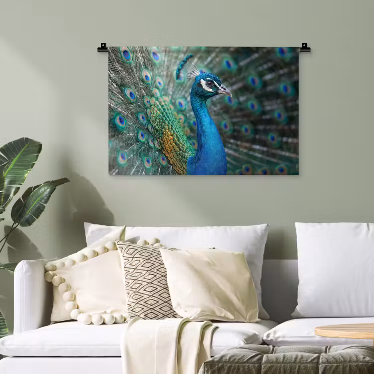 Pauw - Veren - Blauw Wandkleed katoen klein -sfeer7