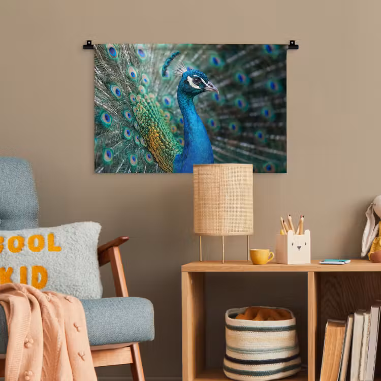 Pauw - Veren - Blauw Wandkleed katoen klein -wsfeer4_kind