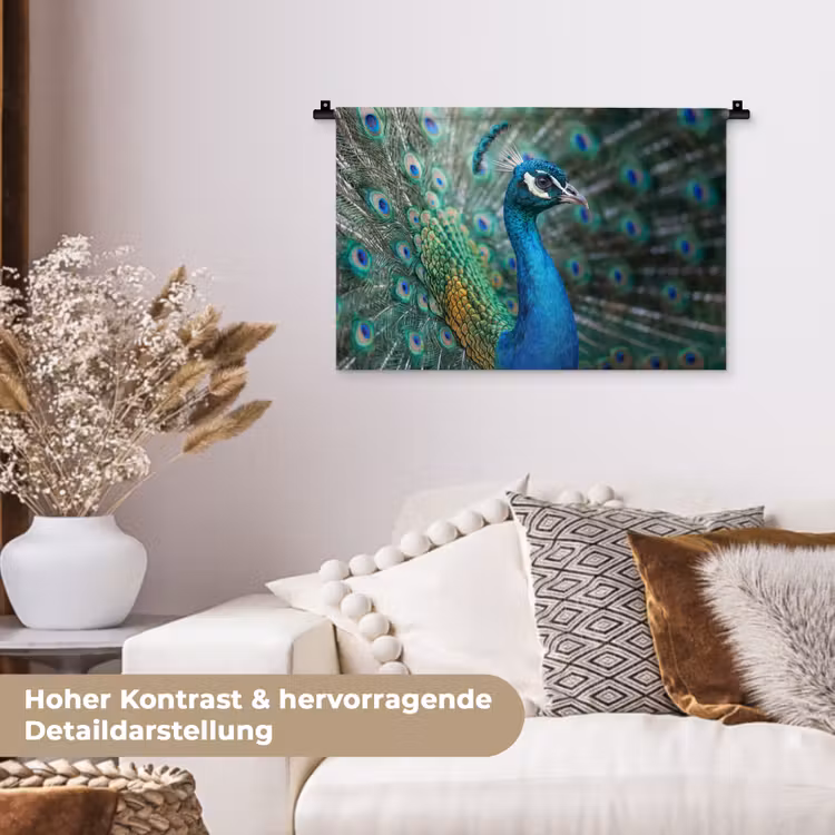 Pauw - Veren - Blauw Wandkleed katoen klein -tsfeer1_DE
