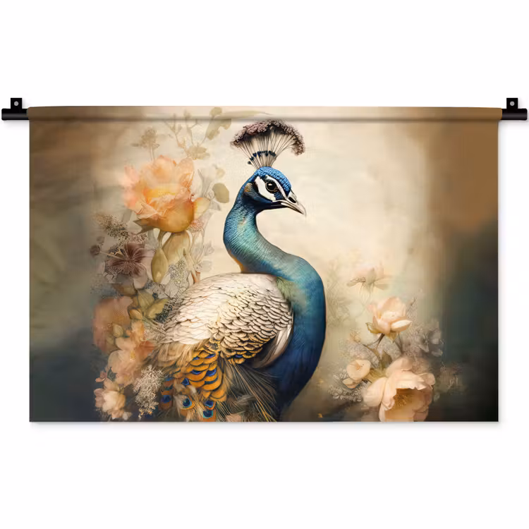 Pauw - Pauwenveren - Bloemen - Vogels - Botanisch Wandkleed katoen klein -zz3d