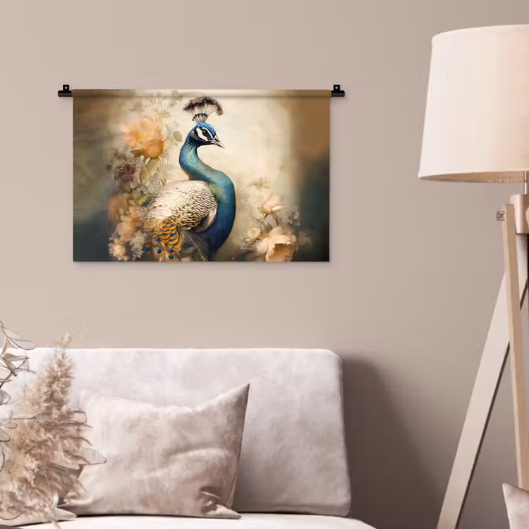 Pauw - Pauwenveren - Bloemen - Vogels - Botanisch Wandkleed katoen klein -sfeer4
