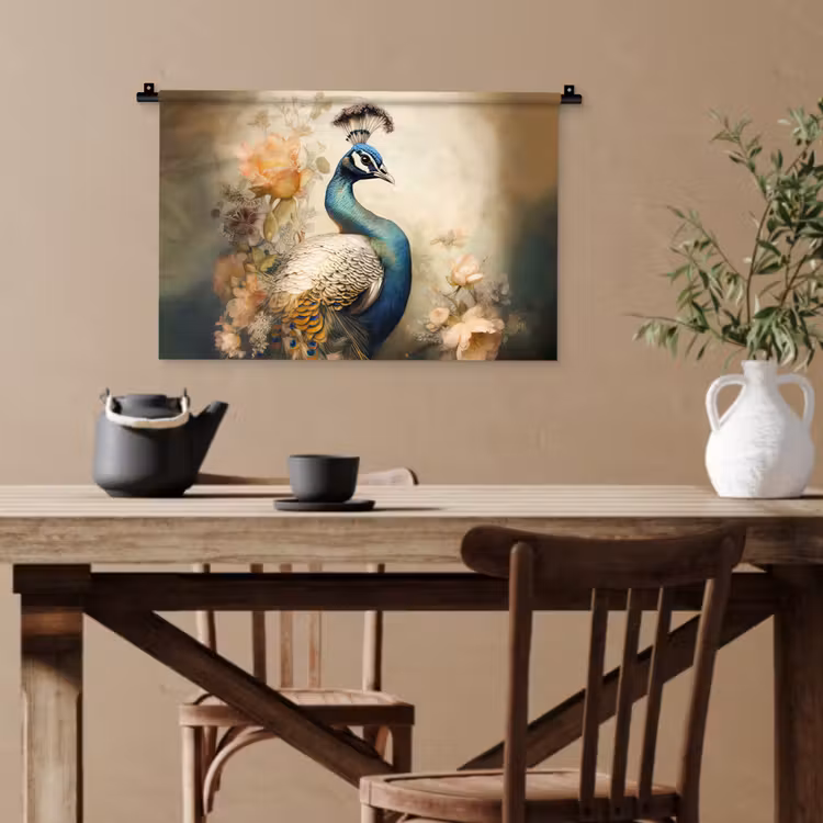 Pauw - Pauwenveren - Bloemen - Vogels - Botanisch Wandkleed katoen klein -sfeer6
