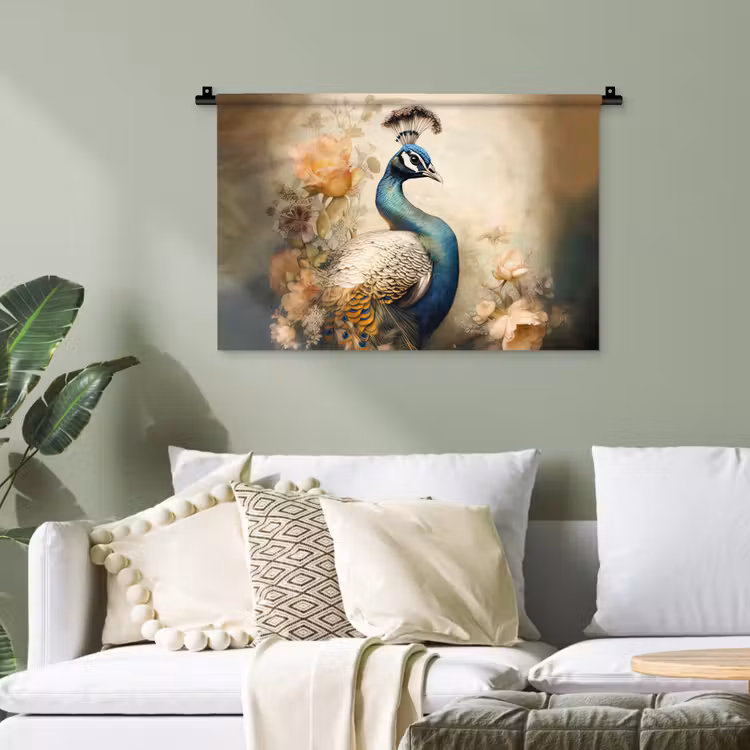 Pauw - Pauwenveren - Bloemen - Vogels - Botanisch Wandkleed katoen klein -sfeer7