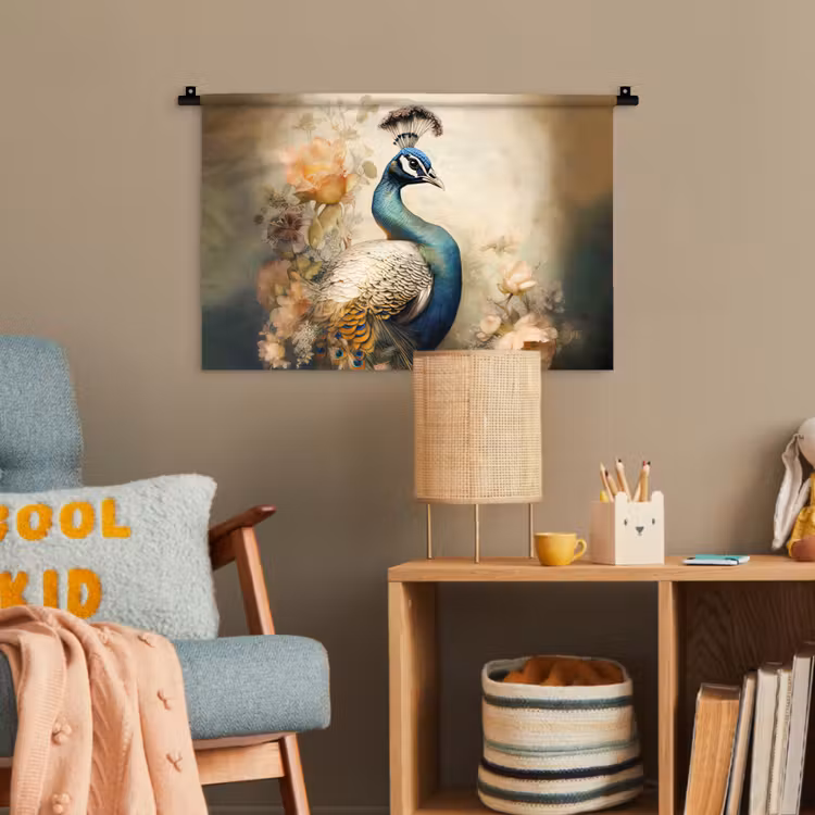 Pauw - Pauwenveren - Bloemen - Vogels - Botanisch Wandkleed katoen klein -wsfeer4_kind