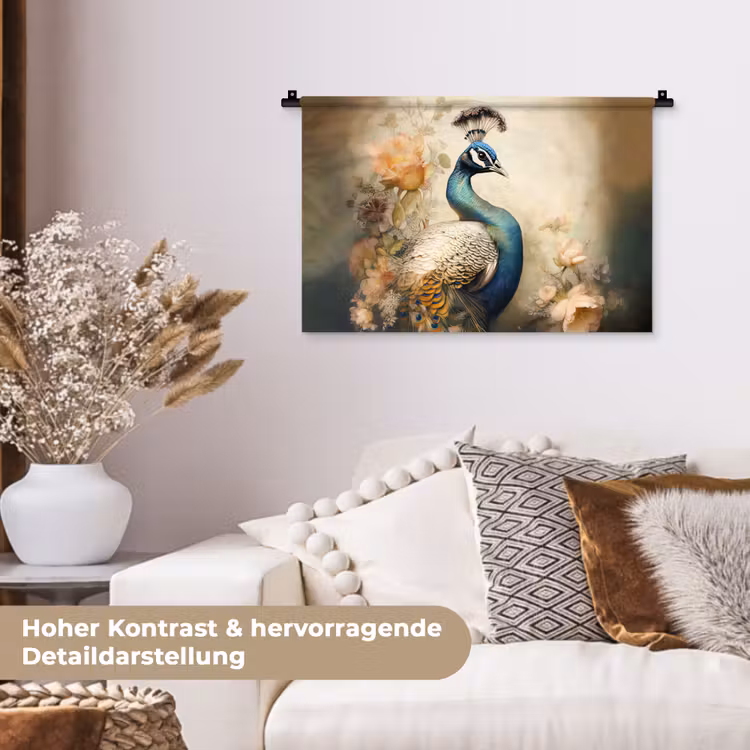 Pauw - Pauwenveren - Bloemen - Vogels - Botanisch Wandkleed katoen klein -tsfeer1_DE