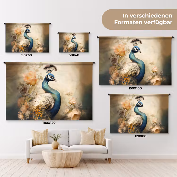 Pauw - Pauwenveren - Bloemen - Vogels - Botanisch Wandkleed katoen klein -tsfeer8_DE
