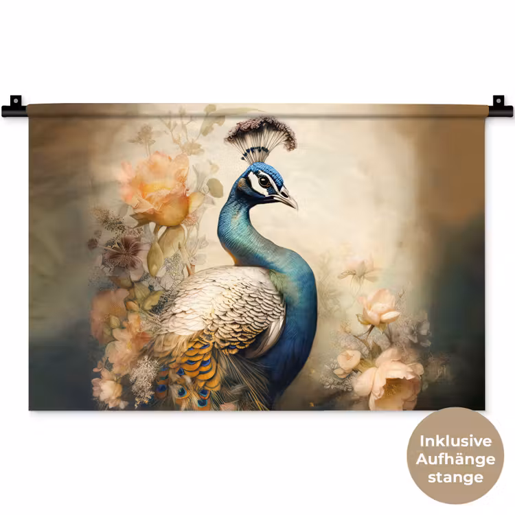 Pauw - Pauwenveren - Bloemen - Vogels - Botanisch Wandkleed katoen klein -t3d_DE