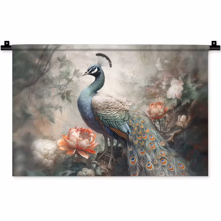 Pauw - Pauwenveren - Vogel - Jungle - Bloemen Wandkleed katoen klein -zz3d