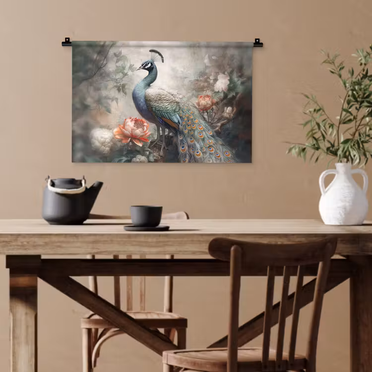Pauw - Pauwenveren - Vogel - Jungle - Bloemen Wandkleed katoen klein -sfeer6