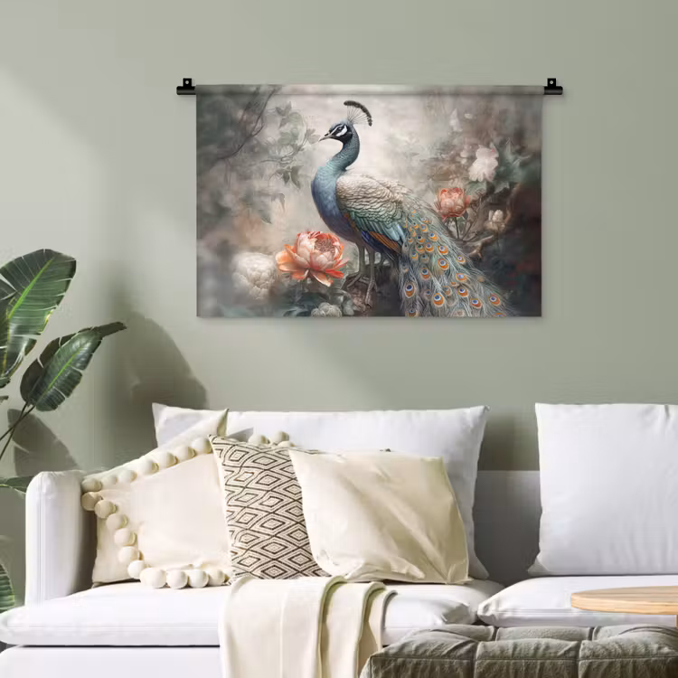 Pauw - Pauwenveren - Vogel - Jungle - Bloemen Wandkleed katoen klein -sfeer7