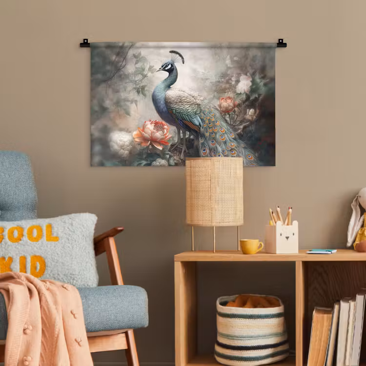 Pauw - Pauwenveren - Vogel - Jungle - Bloemen Wandkleed katoen klein -wsfeer4_kind