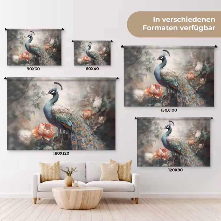 Pauw - Pauwenveren - Vogel - Jungle - Bloemen Wandkleed katoen klein -tsfeer8_DE